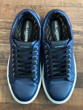 Karl Lagerfeld Paris Men's Leather Low Top Sneaker Designer Navy Blue Size 8
